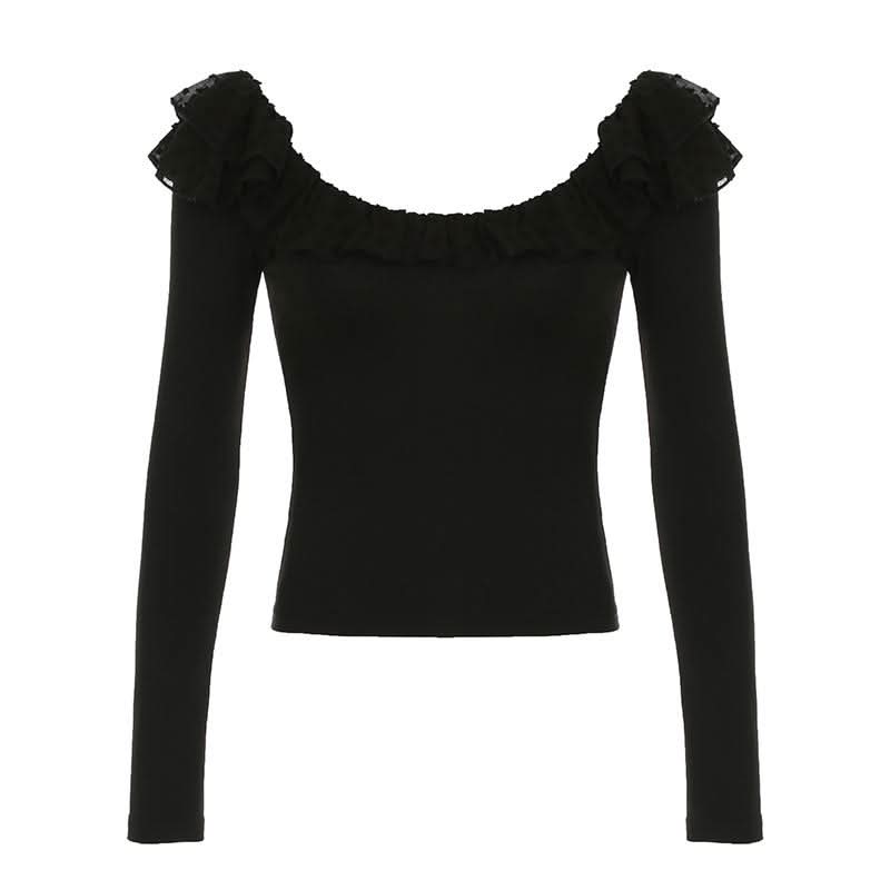 Long sleeve ruffle mesh patchwork top