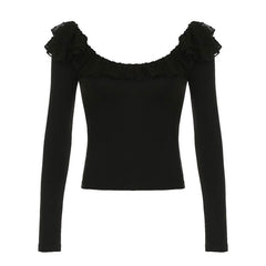 Long sleeve ruffle mesh patchwork top