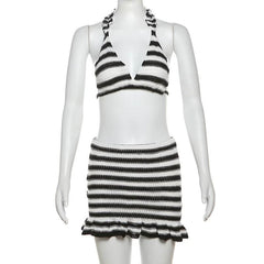 Halter v neck striped knitted ruffle mini skirt set