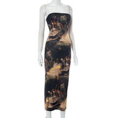 Print backless contrast tube midi dress