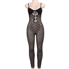 V neck hollow out solid lace cami jumpsuit-final-sale