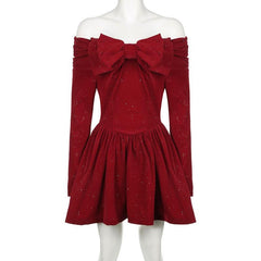 Off shoulder long sleeve beaded bowknot mini dress