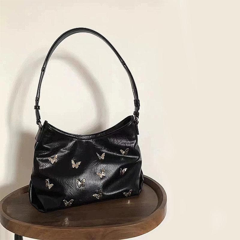 Butterfly applique PU leather ruched handbag
