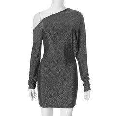 One shoulder long sleeve glitter mini dress