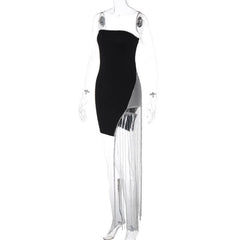 Beaded slit tassels backless patchwork tube mini dress-final-sale