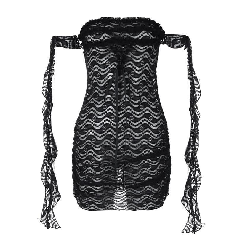 Off shoulder ruffle lace bowknot see through mini dress-final-sale