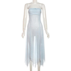 Sheer mesh ruffle flower print tube midi dress