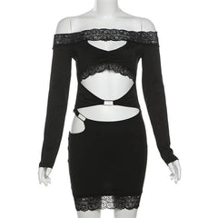 Long sleeve off shoulder lace hem hollow out cut out mini dress