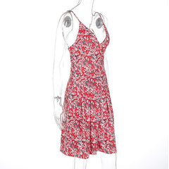 V neck flower print pleated cami mini dress
