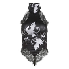 Halter button lace hem print backless top