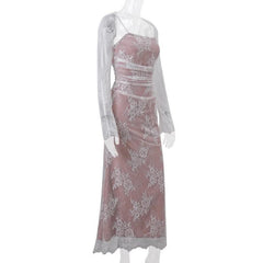 Long sleeve lace ruched shrug lace up 2 piece midi dress-final-sale