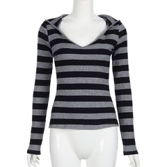 Hoodie v neck long sleeve striped knitted top