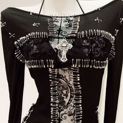 Long sleeve beaded pin applique print top