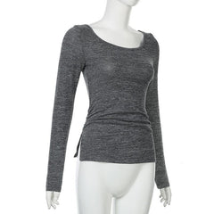 Long sleeve u neck self tie solid top