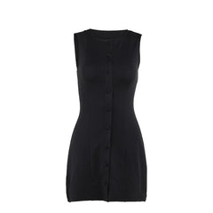 Button crewneck solid o ring tank mini dress