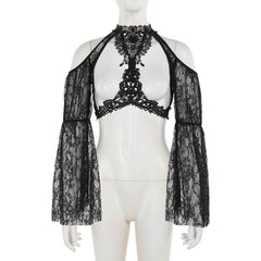 Long sleeve off shoulder lace hollow out shrug cut out top