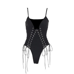V neck lace up hollow out solid cami bodysuit