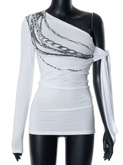Irregular long sleeve chain print one shoulder top