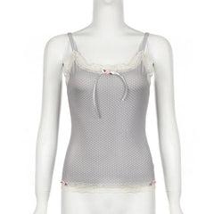 Lace hem polka dot rose applique cami top