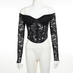 Lace solid long sleeve corset off shoulder top