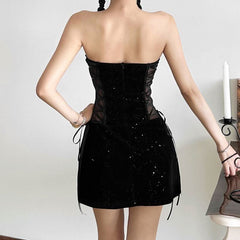 Sweetheart neck velvet lace up mesh beaded mini dress