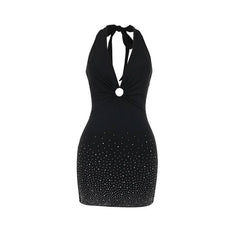 Halter self tie beaded ruched v neck mini dress