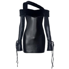 Long sleeve off shoulder PU leather furry solid mini dress-final-sale
