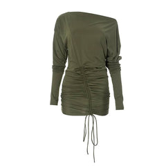 Ruched drawstring self tie long sleeve irregular mini dress