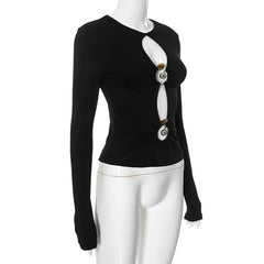 Long sleeve hollow out ribbed crewneck ruched cut out top