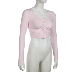 Long sleeve bowknot button crop top