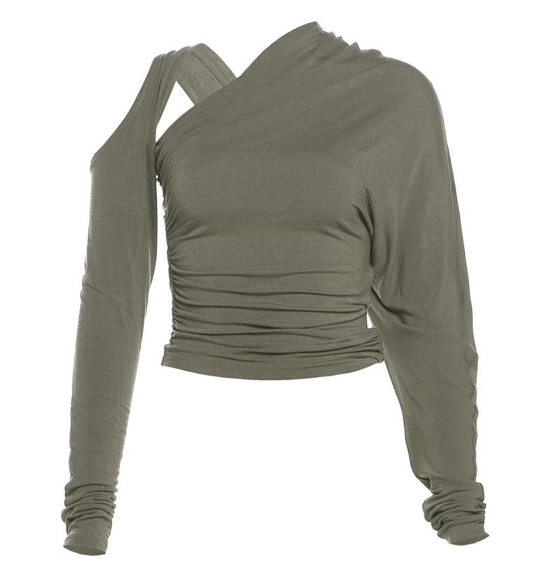 Long sleeve irregular hollow out ruched solid cut out top