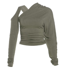 Long sleeve irregular hollow out ruched solid cut out top