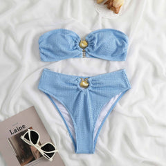Metal applique textured backless button tube bikini swimwear