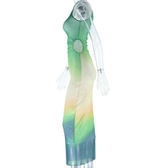 One shoulder gradient hollow out cut out maxi dress