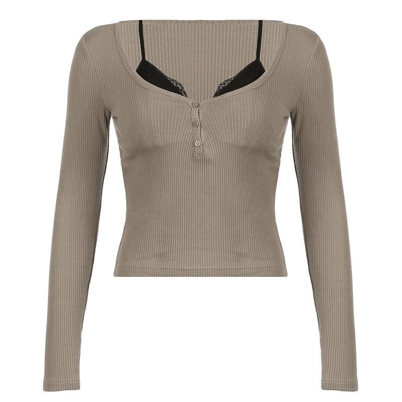 Long sleeve lace hem patchwork button top