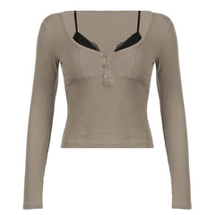 Long sleeve lace hem patchwork button top