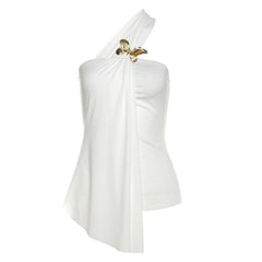 One shoulder chiffon butterfly applique irregular top