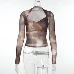 Long sleeve tie dye mesh top