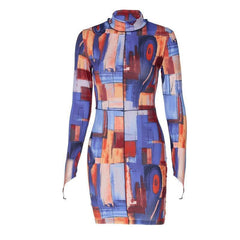 High neck printed mini dress