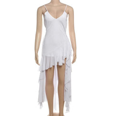 V neck sheer mesh ruffle cami midi dress-final-sale