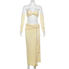 Gloves one shoulder high slit self tie maxi skirt set-final-sale