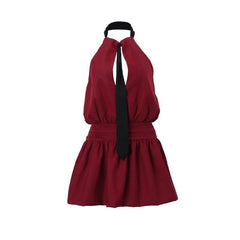 Halter deep v neck ruched backless tie applique mini dress