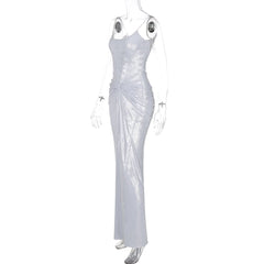 U neck metallic ruched backless cami maxi dress