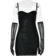 Textured mesh gloves sweetheart neck zip-up slit cami mini dress-final-sale