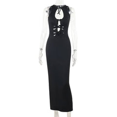 Self tie hollow out crewneck slit solid cut out midi dress