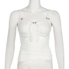 Flower applique ribbon ruched lace hem cami top
