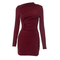 Long sleeve ruched irregular solid mini dress-final-sale