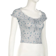 Short sleeve knotted ruffle ribbed print top