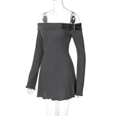 Off shoulder long sleeve buckle mini dress