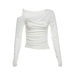 Irregular long sleeve ruched lace hollow out cut out top